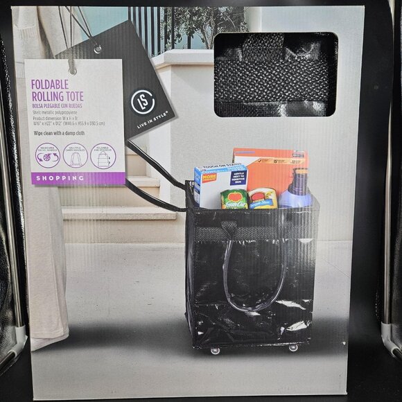 Aldi Black 22" Foldable Rolling Tote Shopping Bag Wheels Grocery Cart Dupe Pull - Picture 10 of 10